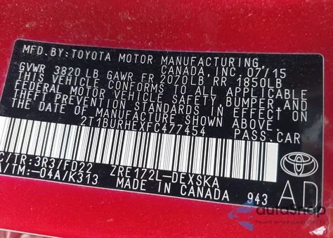 2015 Toyota Corolla S Plus z USA, uszkodzony, nr VIN 2T1BURHEXFC477454